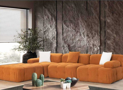Orange L-shape Sofa Living room Luxury Couch Corner sofa Wood Textile Furniture